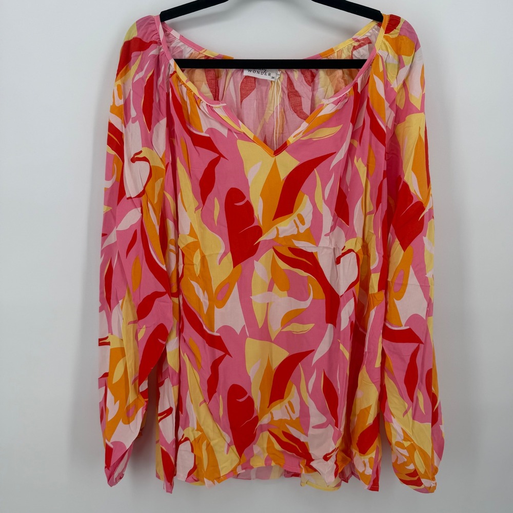 Emily Wonder Womens‎ 3X Pink Orange Abstract Leaf V-Neck Boho Blouse NWT
